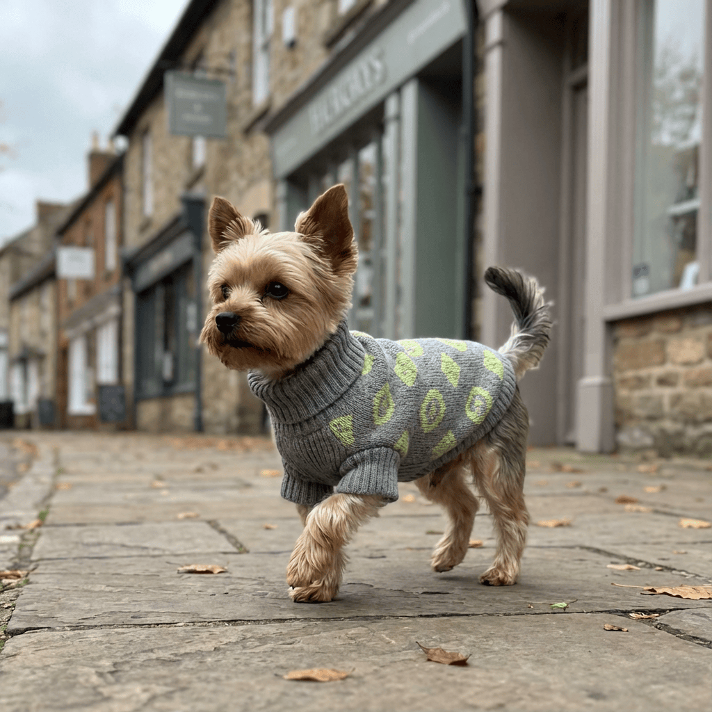 High-Neck Dog Sweater on a Yorkshire Terrier walking on a cobblestone street in autumn.