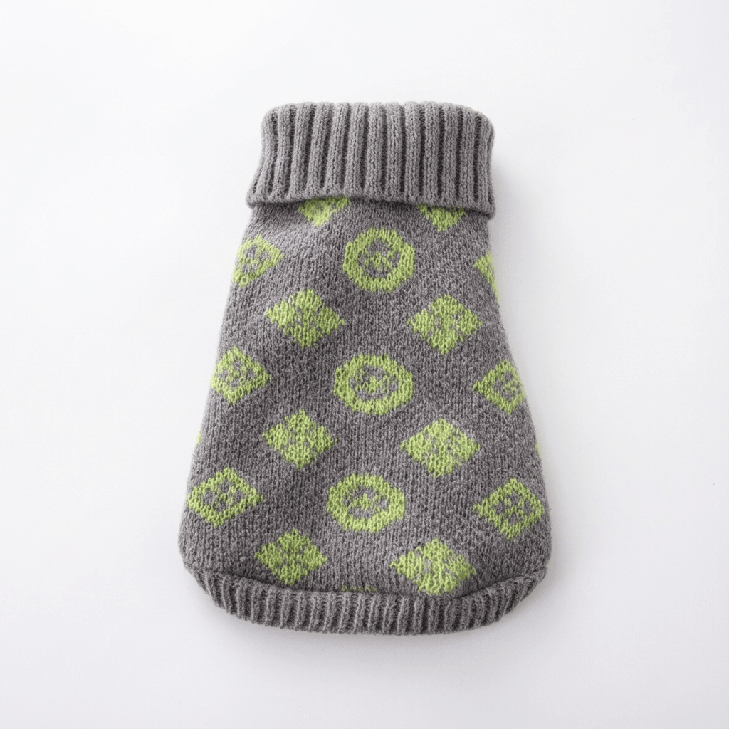 High-Neck Dog Sweater by Dogs & Cats, stylish and cozy design in gray with green pattern, perfect for chilly weather.