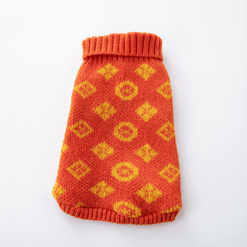 High-Neck Dog Sweater by Dogs & Cats, warm high-neck dog sweater with cozy orange and yellow pattern.