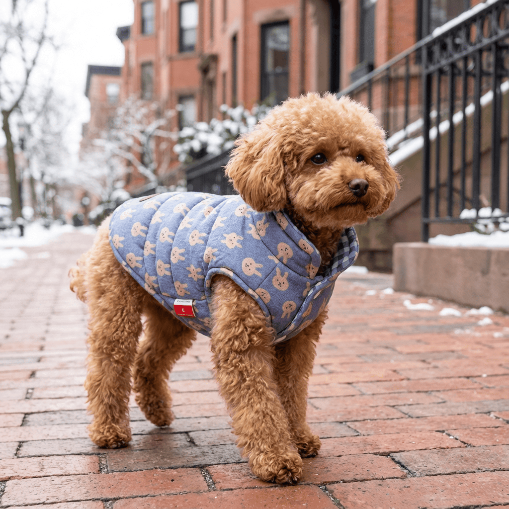 High Neckline Dog Winter Padded Coat on a cute dog, featuring breathable fabric and a cozy high neckline, by Dogs & Cats.