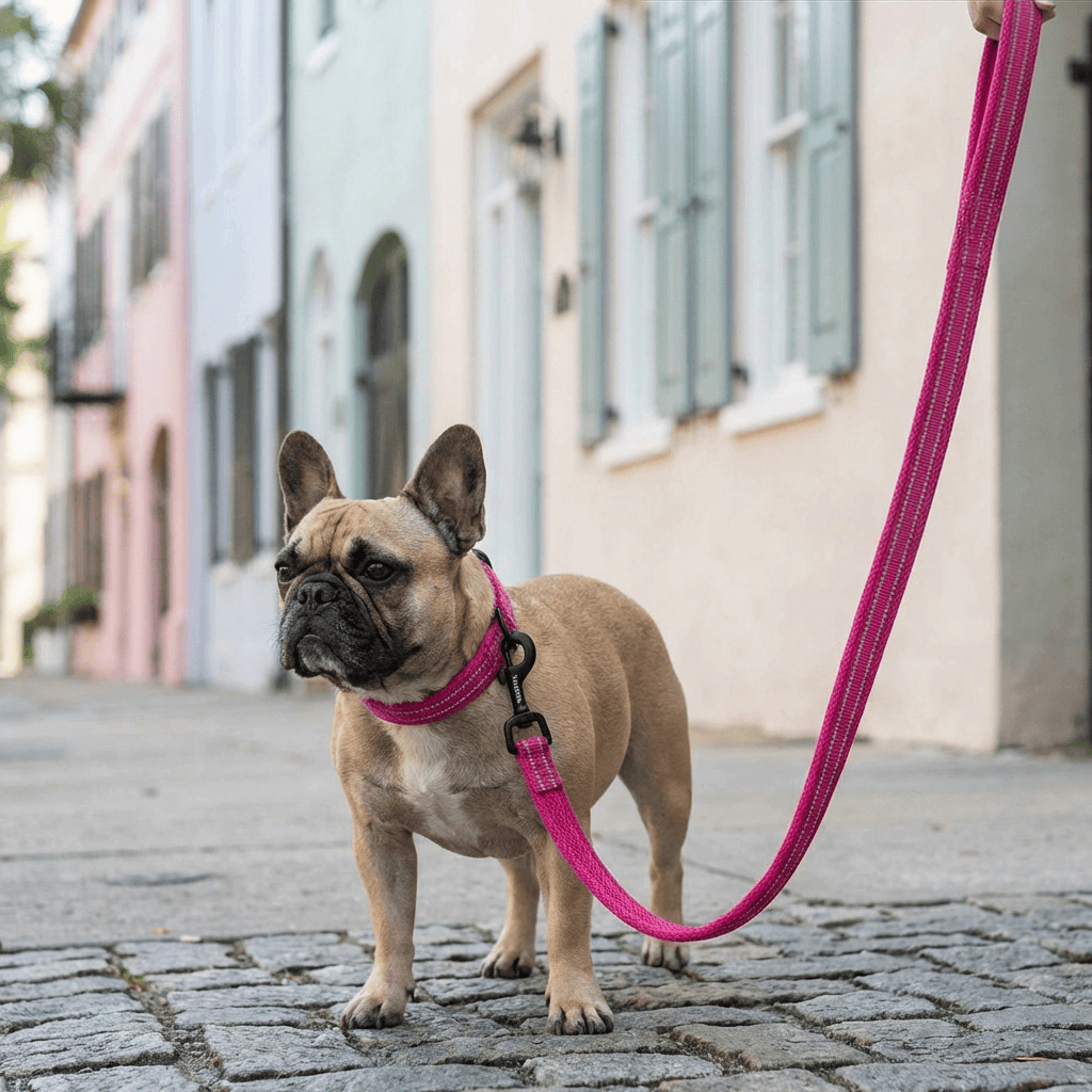 Highly Durable Dog Leash in use with a French Bulldog outdoors on a charming street.