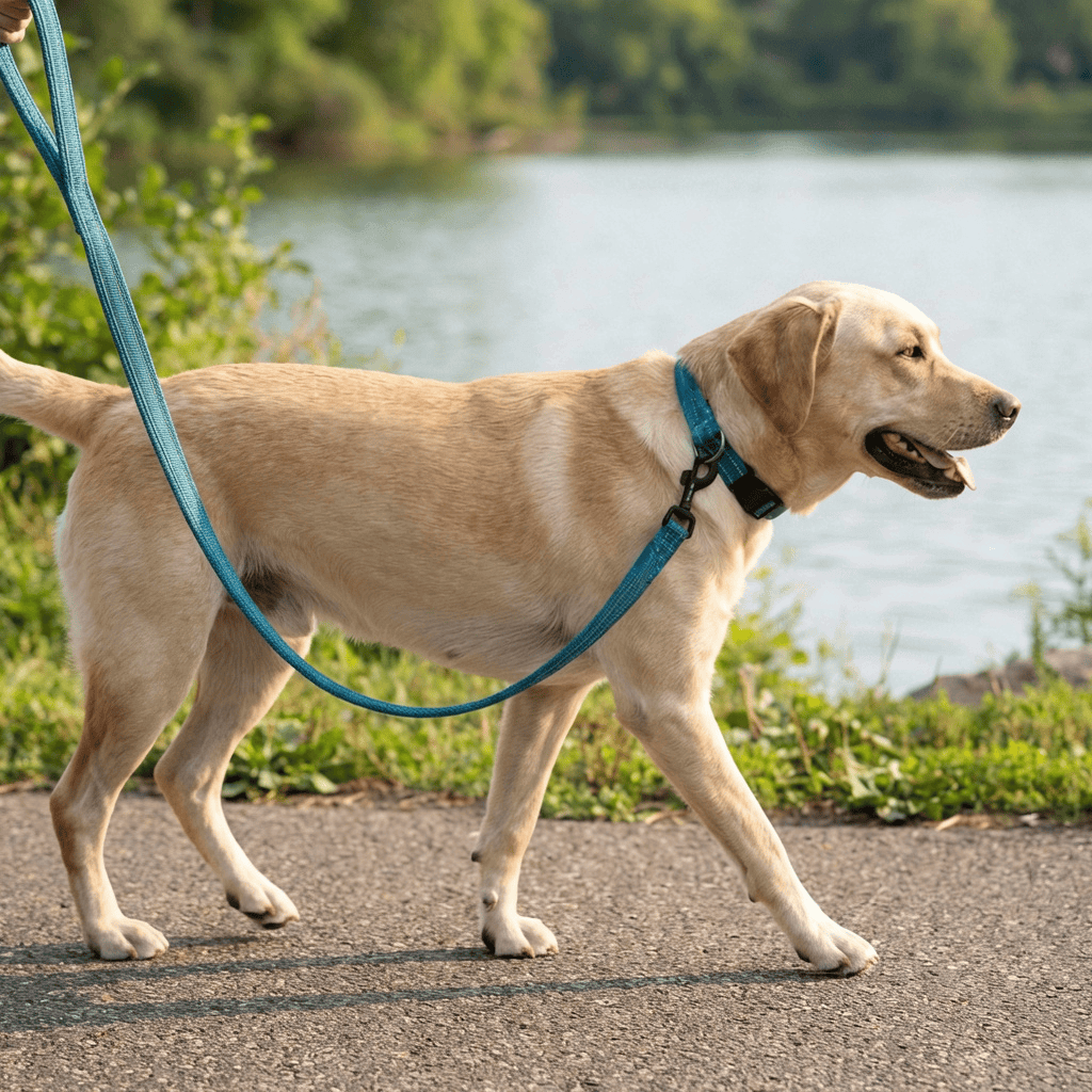 Highly Durable Dog Leash with a Labrador walking by the water, perfect for outdoor activities and all weather conditions.