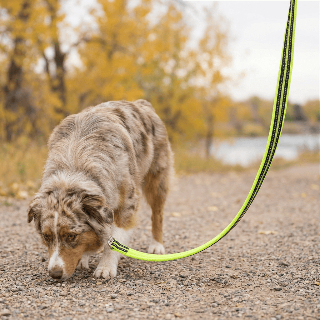 Highly Durable Dog Leash attached to a dog exploring outdoors on a gravel path in autumn.