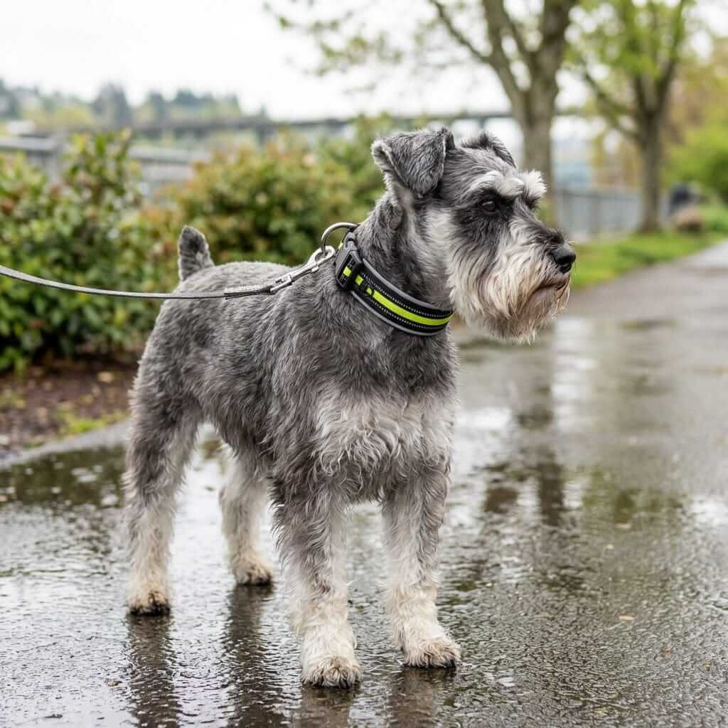Highly Reflective dog Collar on a Schnauzer during a walk, showcasing security and visibility in low light.