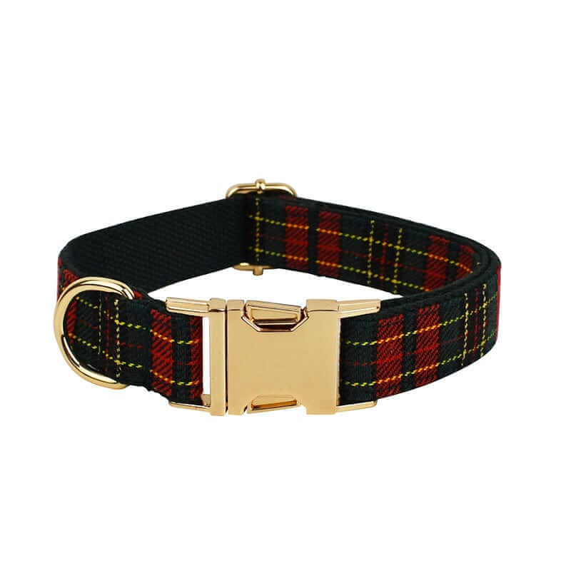 HolidayPaws 4-in-1 Festive Dog Set collar with plaid design, perfect for holiday events, by Dogs & Cats.