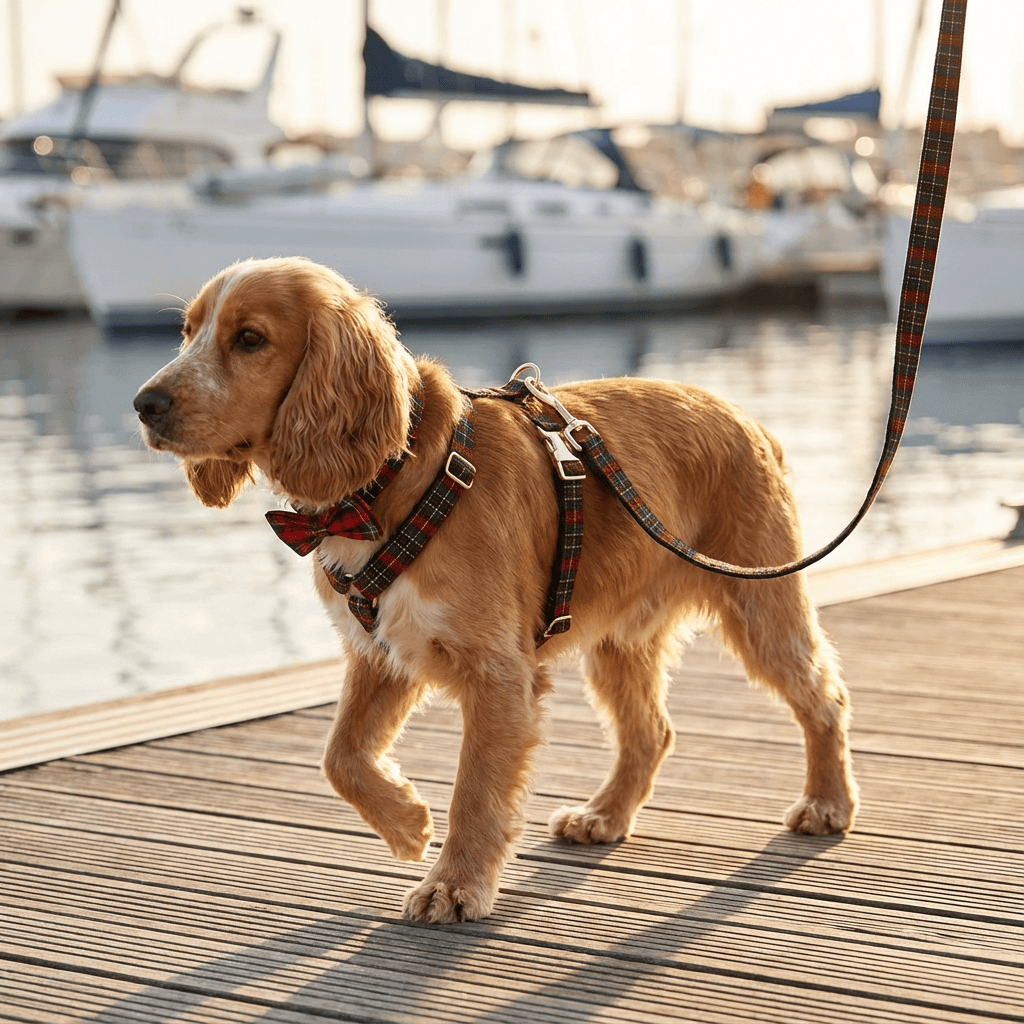 HolidayPaws 4-in-1 Festive Dog Set, dog wearing plaid harness and leash by Dogs & Cats brand in a scenic marina setting.