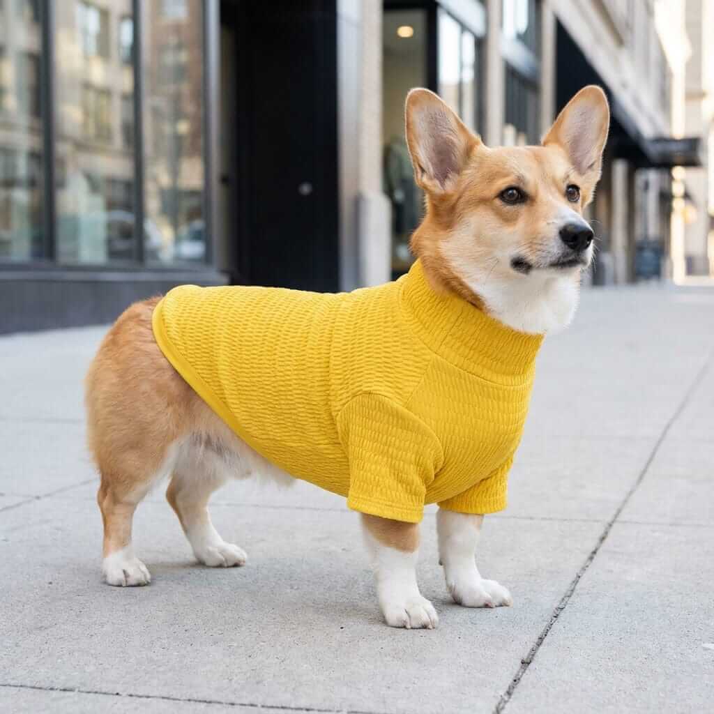 Honey Comb Pattern High Neck Dog Shirt on a corgi, featuring long sleeves, leash hole, and breathable fabric.