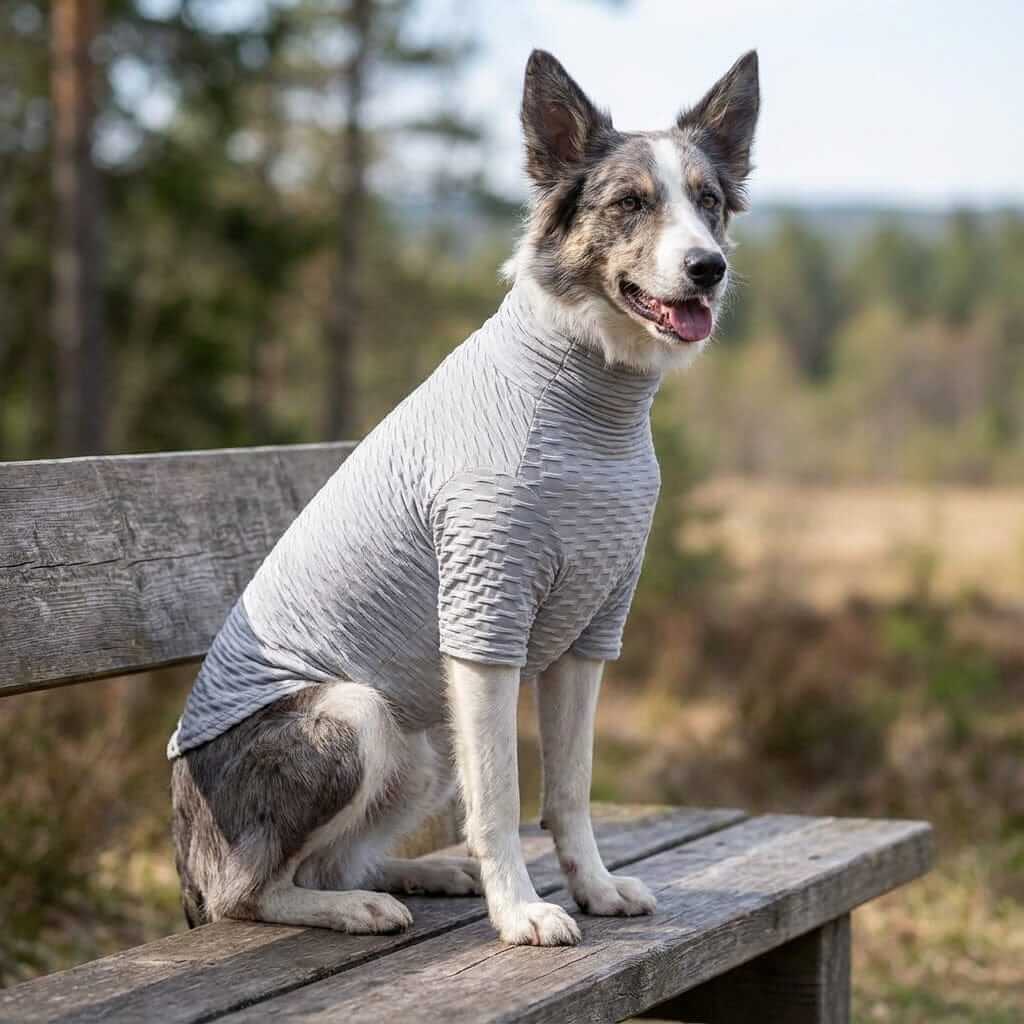 Honey Comb Pattern High Neck Dog Shirt on a happy dog outdoors, featuring breathable fabric and a stylish design by Dogs & Cats.