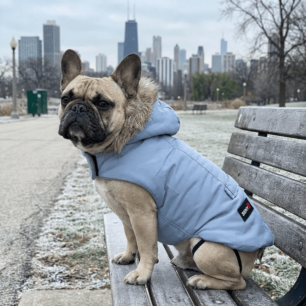 Hooded Dog Winter Coat on French Bulldog, features water-resistant and lightweight design, perfect for winter exploration.