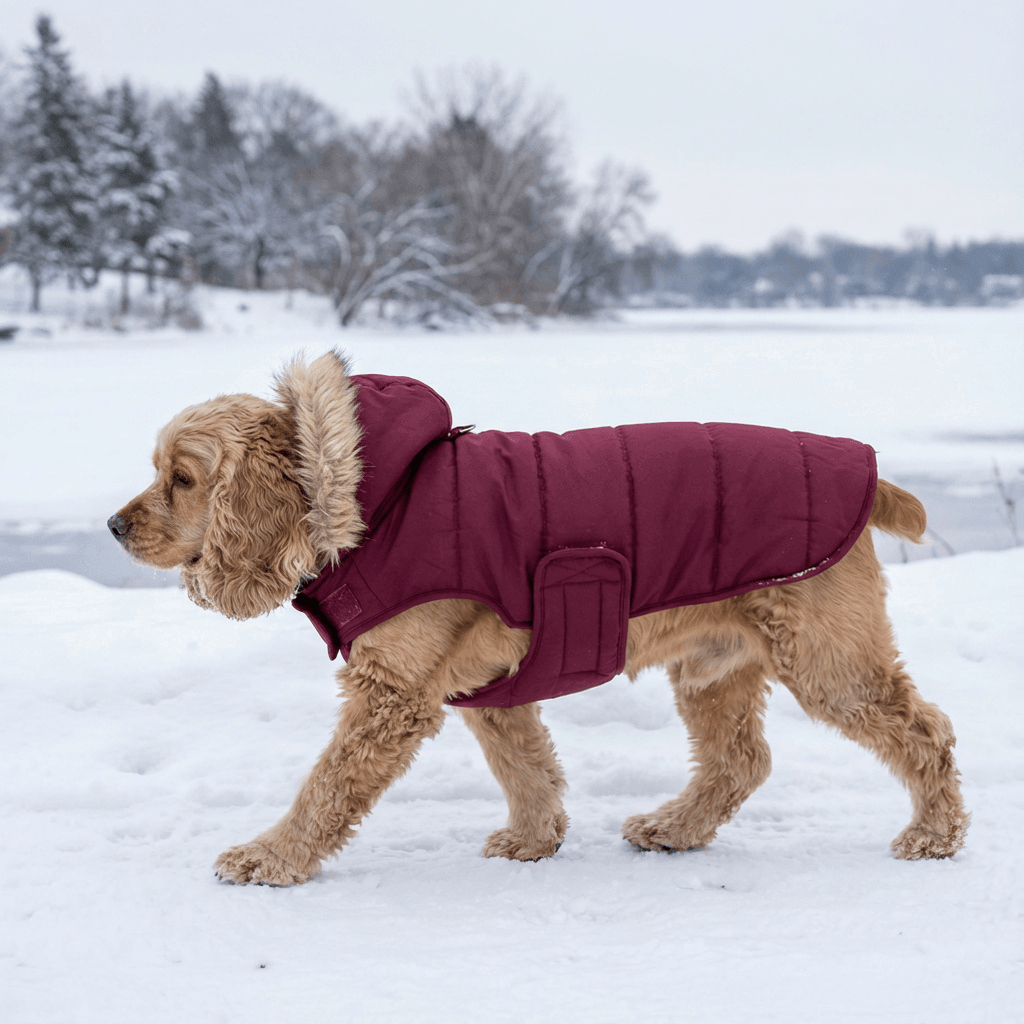 A dog wearing a Hooded Dog Winter Coat by Dogs & Cats, showcasing its water-resistant, lightweight, and durable design in snow.