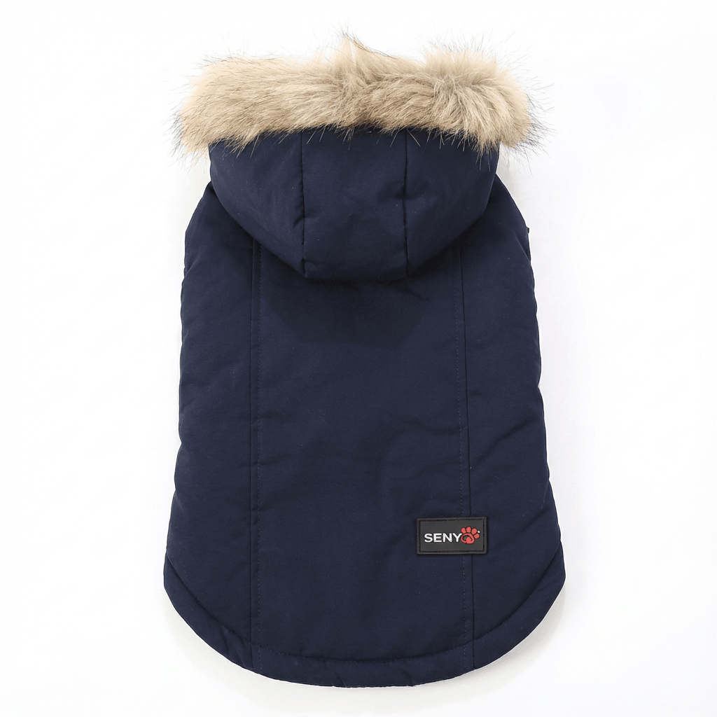 Hooded Dog Winter Coat by Dogs & Cats brand, navy puffer design with soft lining and faux fur hood.