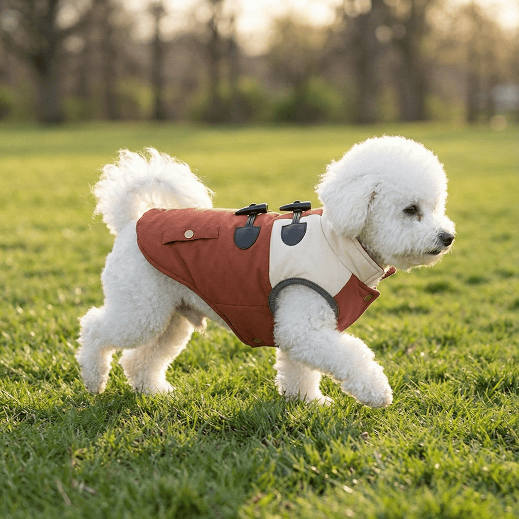Horn Button Cotton Dog Vest on a playful white dog outdoors, featuring stylish horn buttons and lightweight, breathable fabric.