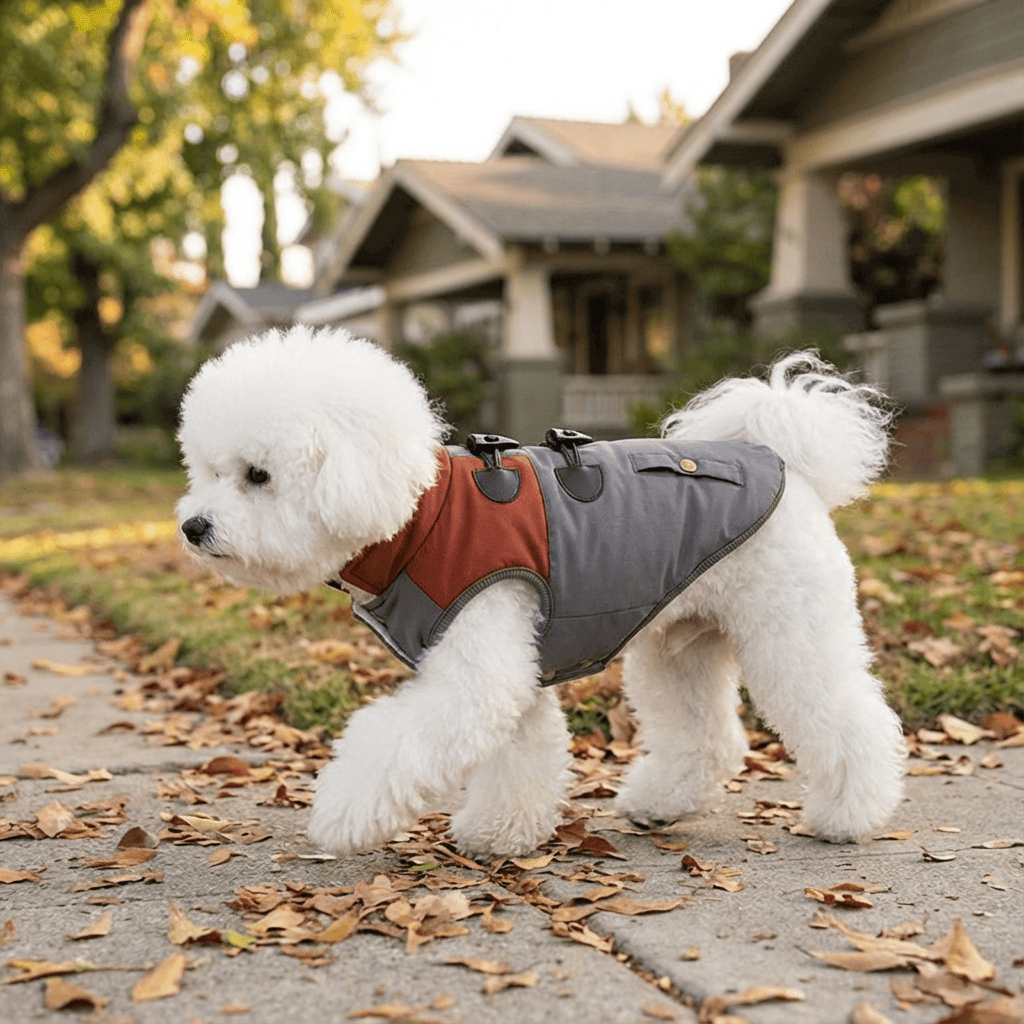 Horn Button Cotton Dog Vest worn by a fluffy dog, showcasing stylish horn button accents and lightweight design for warmth.