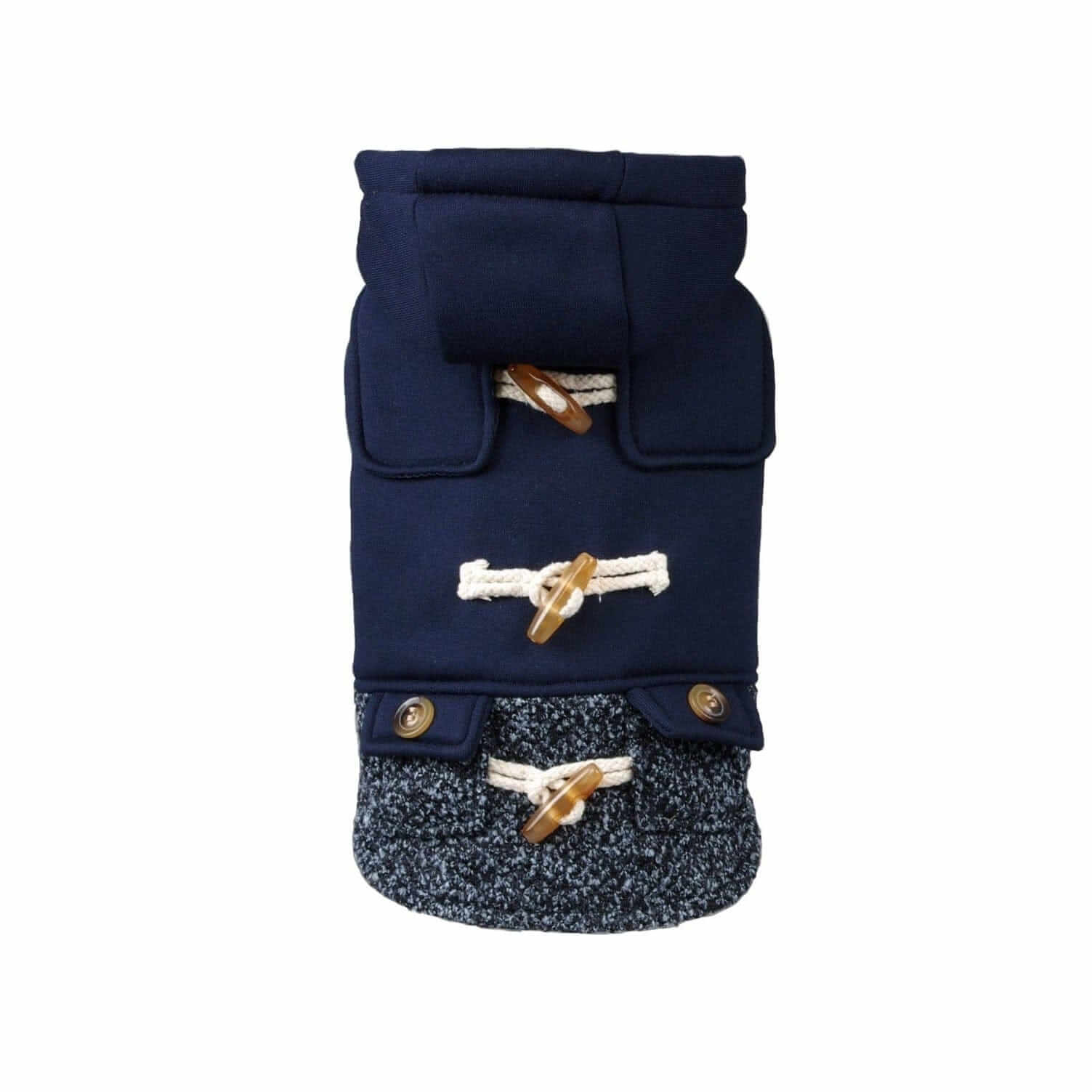 Horn Button Hooded Coat for Dogs & Cats, features horn button detailing, leash hole, and a warm snug fit.
