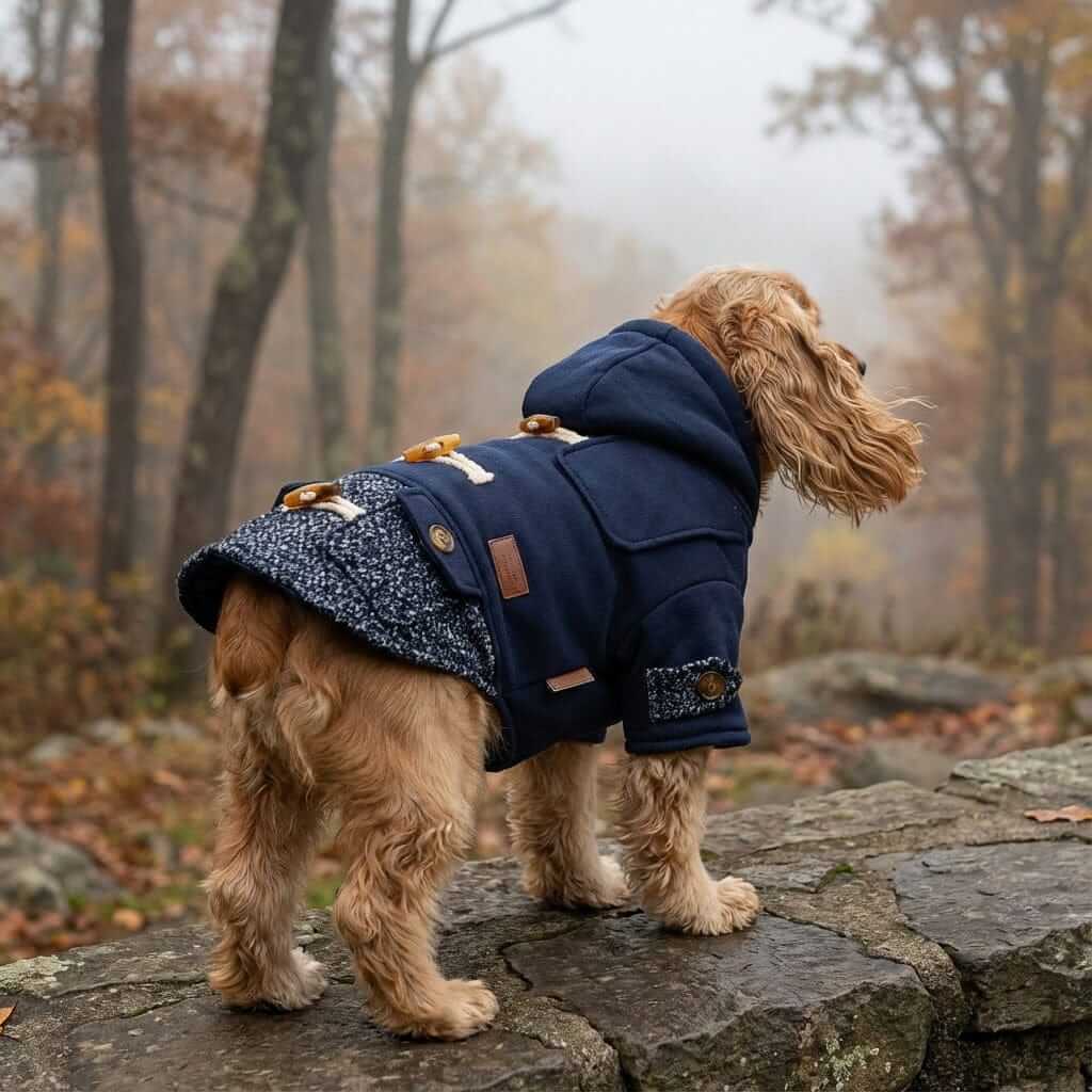 Dog wearing Horn Button Hooded Coat, stylish and warm with horn button detailing and leash hole, perfect for winter.