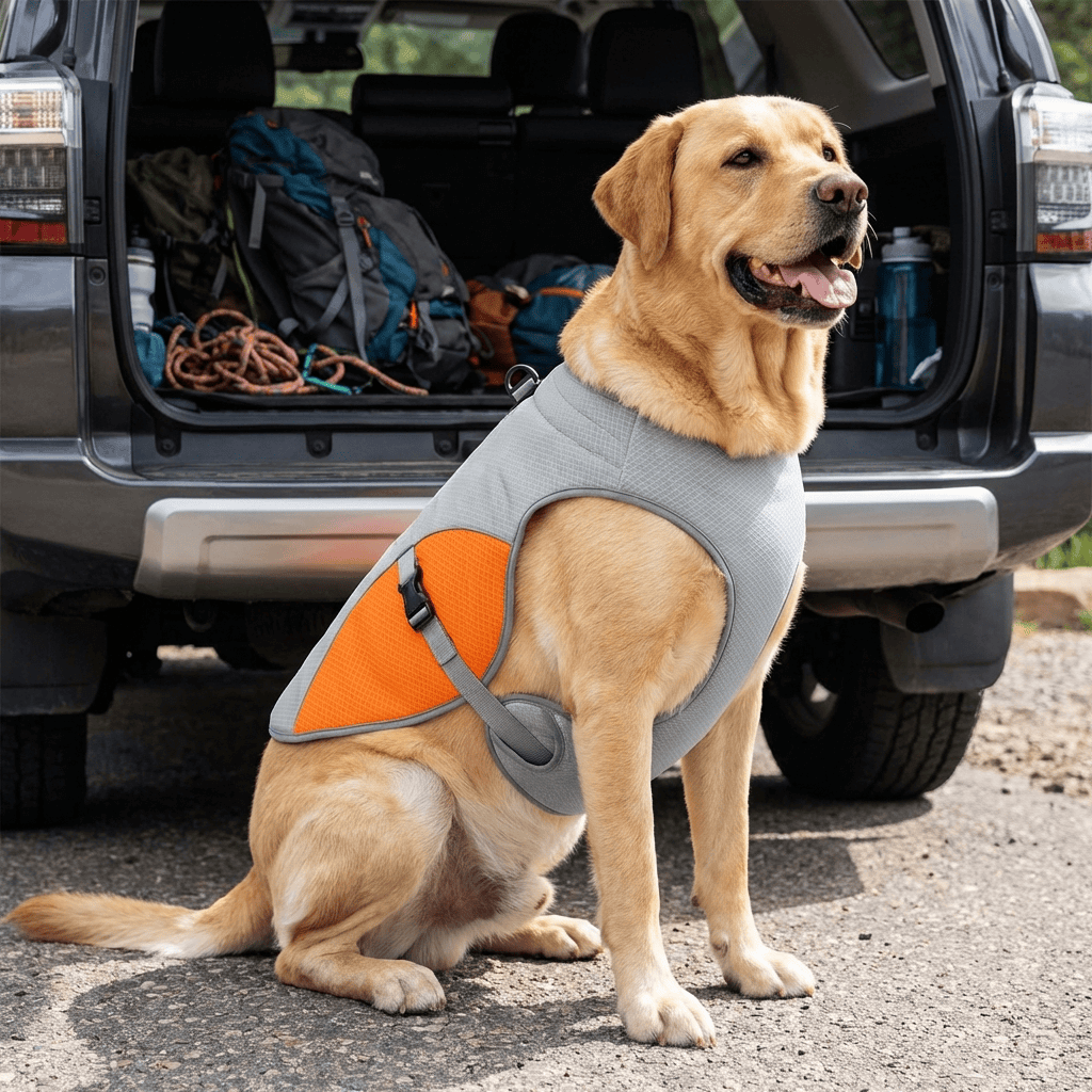HydroChill Performance Harness for dogs, lightweight cooling vest, breathable design for warm-weather activities.