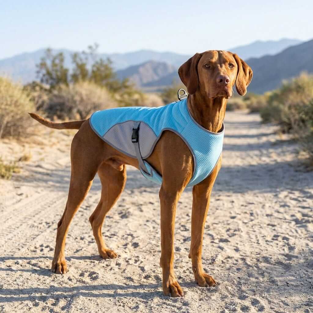 HydroChill Performance Harness on a dog, lightweight cooling vest, advanced comfort for dogs & cats.