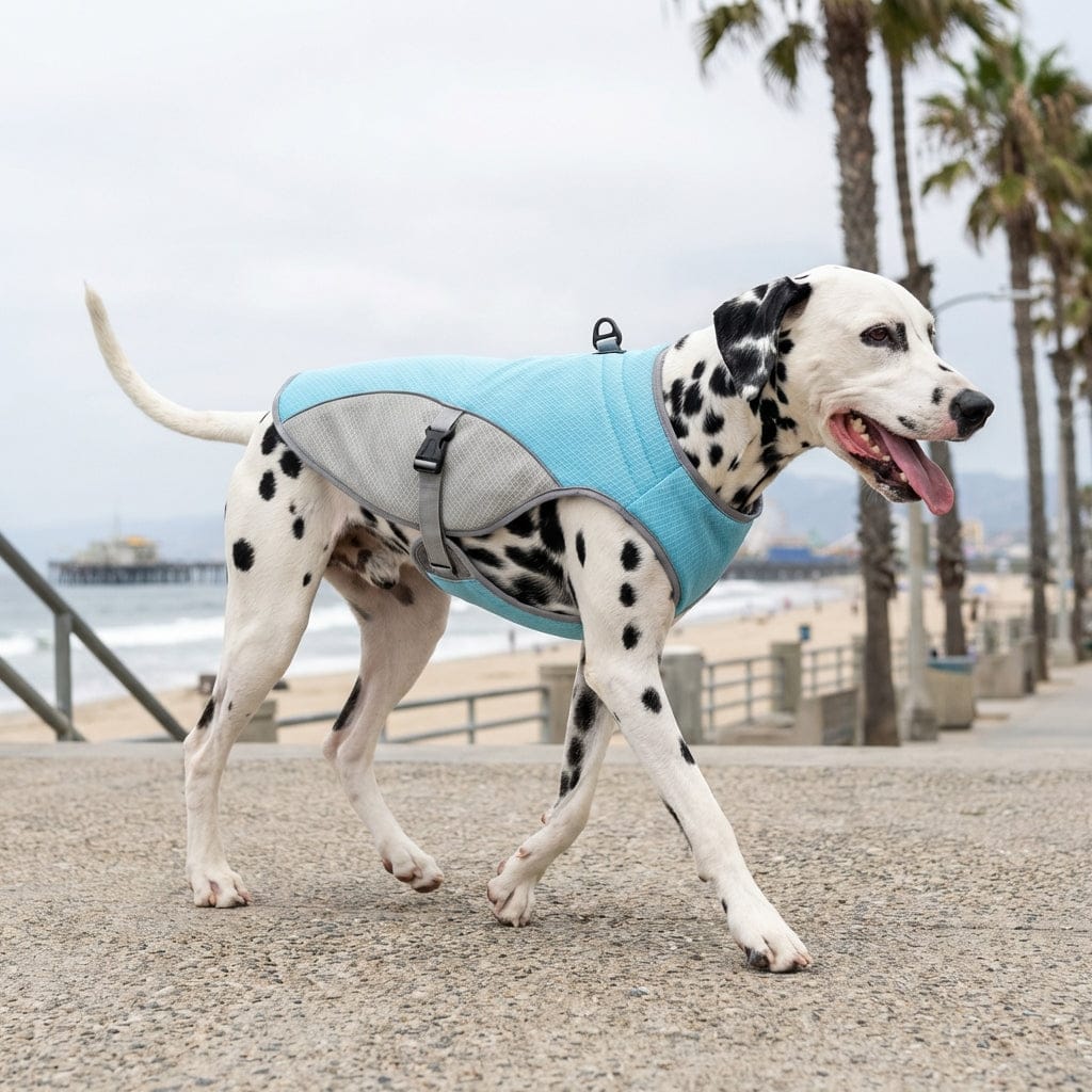 Dalmatian wearing HydroChill Performance Harness on a beach, showcasing its cooling comfort and mobility features.