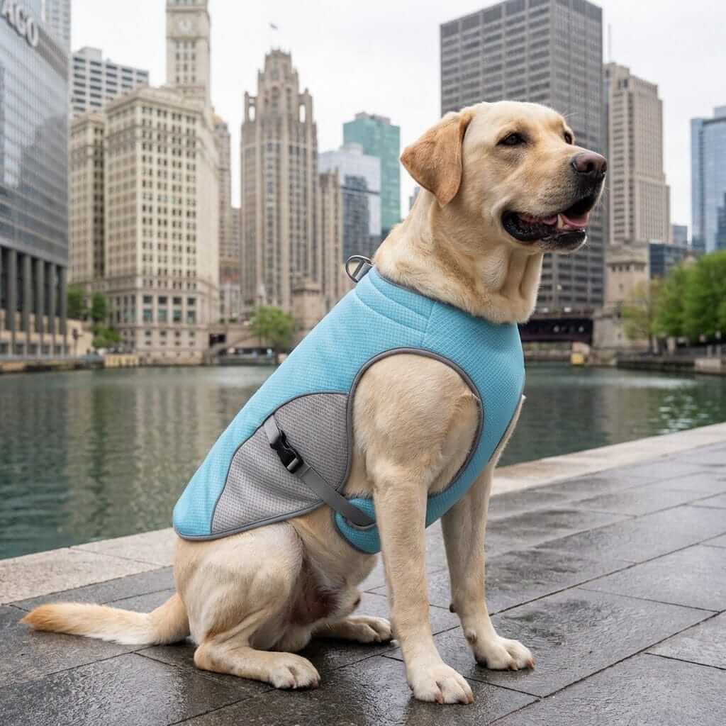 HydroChill Performance Harness on a Labrador dog in a city setting, showcasing its cooling features and ergonomic design.