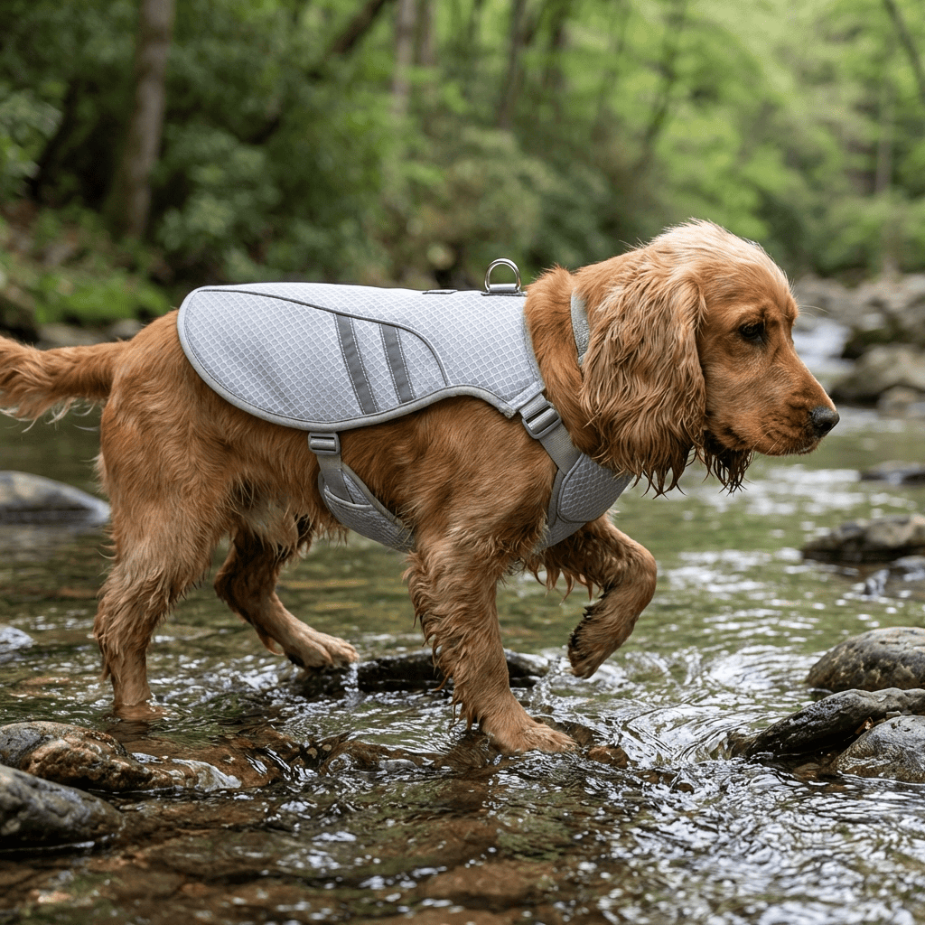 HydroCool Performance Dog Vest on a dog in water, breathable mesh for cooling, perfect for hot weather adventures with Dogs & Cats brand.