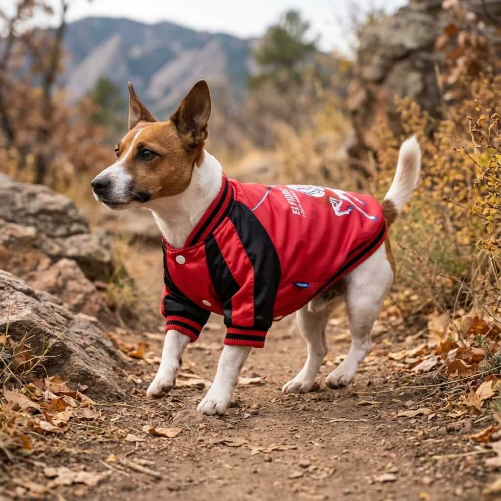 I hate Mondays Basketball Dog Jacket on a dog outdoors, featuring a slimming design, breathable, lightweight for cold days.