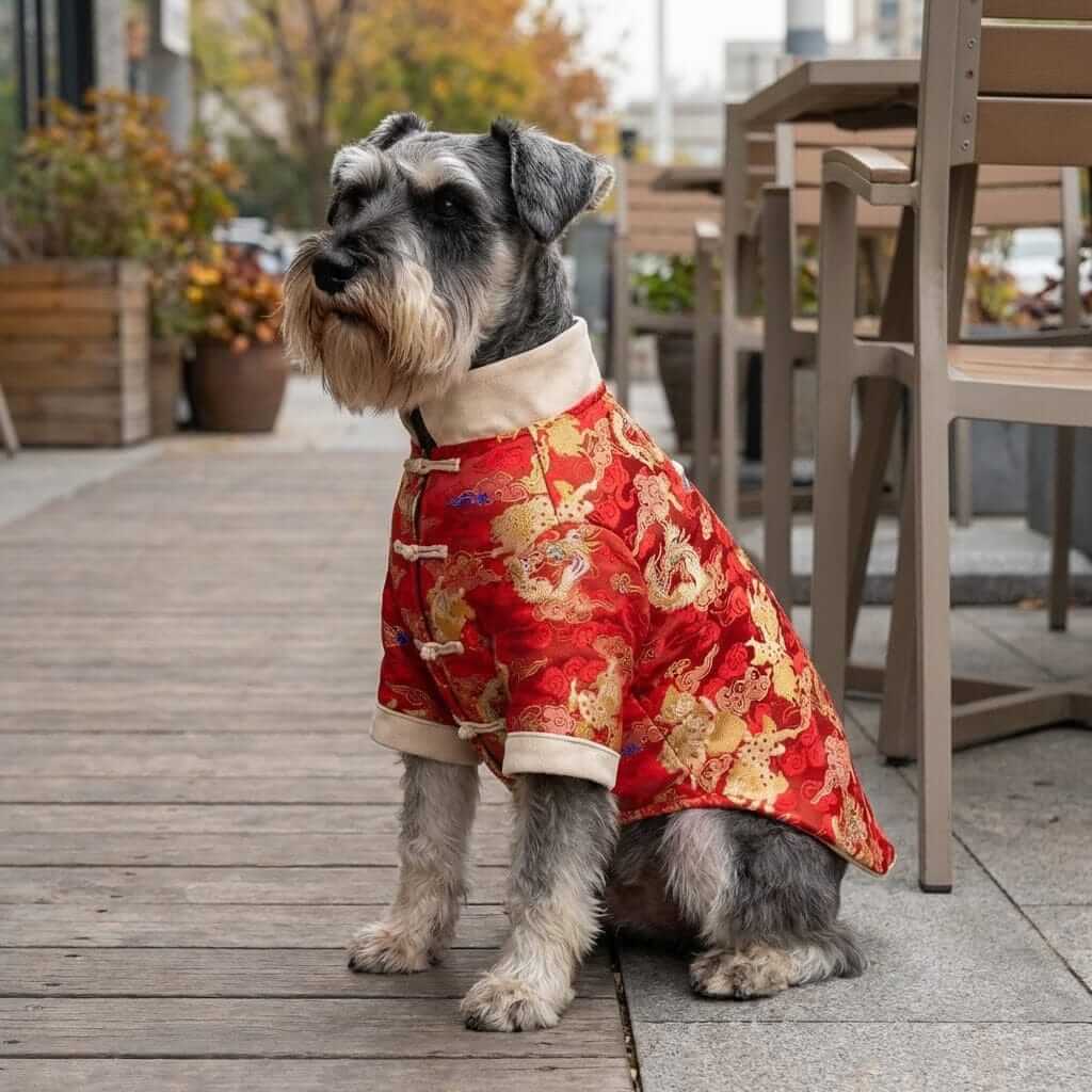 Imperial Celebration Dog Jacket on a stylish dog, featuring elegant design and lightweight comfort by Dogs & Cats.