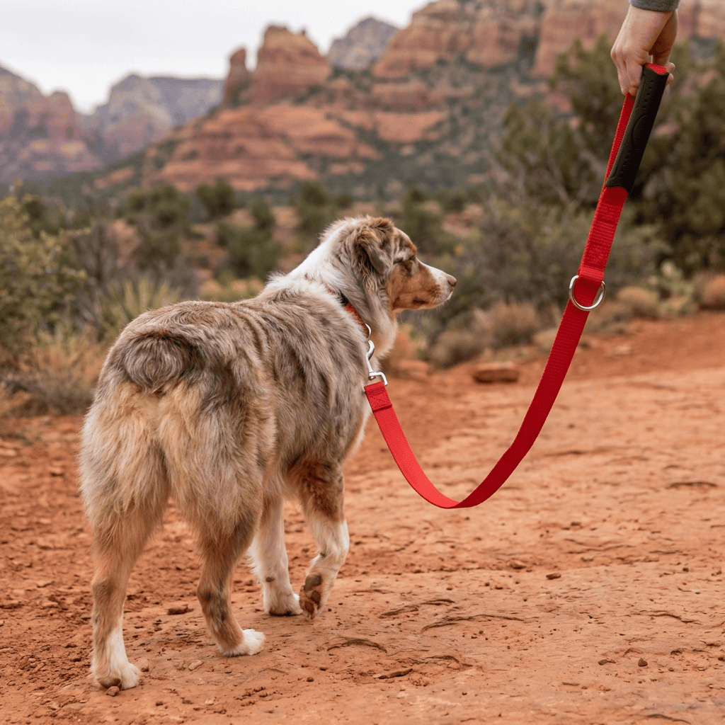 Instant Dog Trainer Leash used by a person walking a dog in a desert landscape, showcasing its durability and control for dogs.