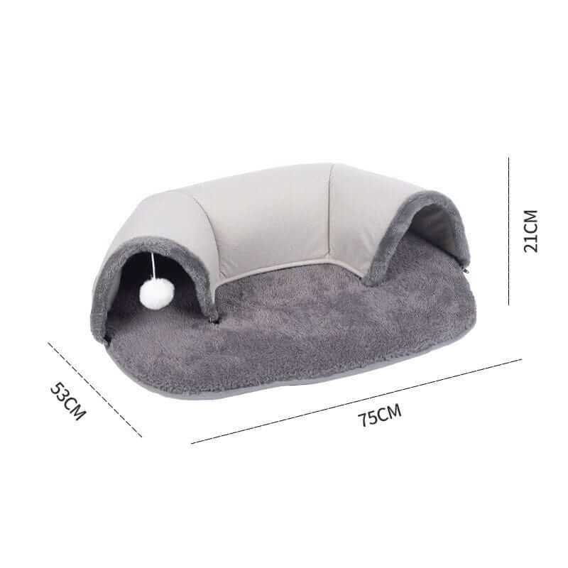 Interactive Cat Tunnel Bed featuring cozy self-warming mat and playful tunnel design for cats and dogs.