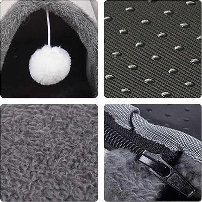 Interactive Cat Tunnel Bed features plush material, cozy interior, zipper detailing, and playful hanging pom pom.