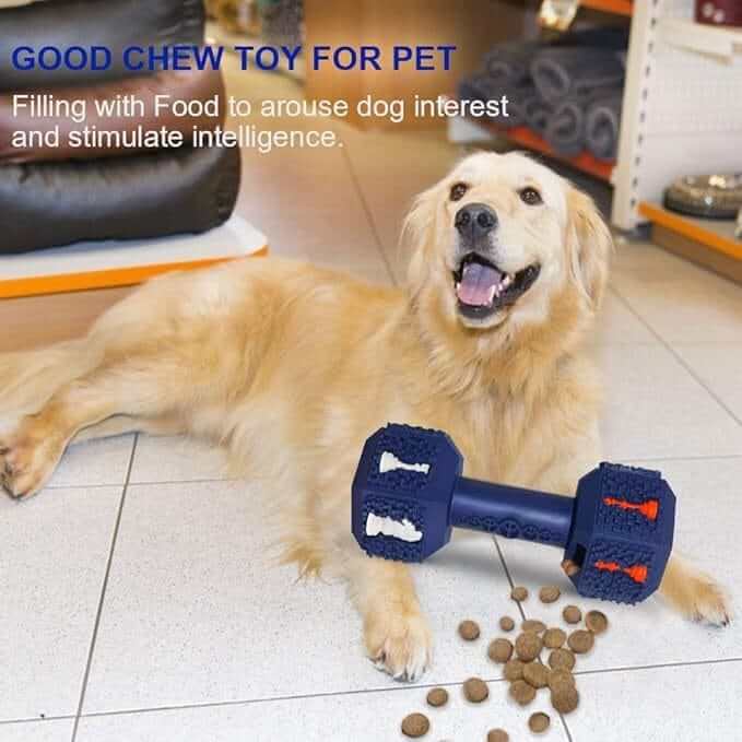 Interactive Treat Dispensing Dumbbell Dog Toy with a happy dog enjoying treat-dispensing features for fun and engagement.
