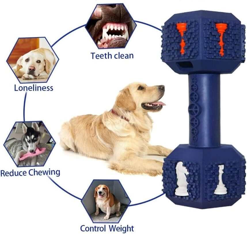 Interactive Treat Dispensing Dumbbell Dog Toy promotes healthy chewing, entertains dogs, and helps reduce loneliness.