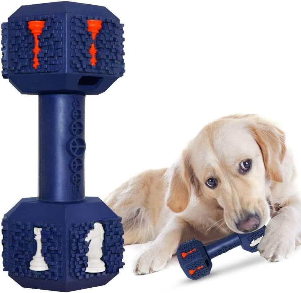 Interactive Treat Dispensing Dumbbell Dog Toy - Engaging design for healthy chewing - Ideal for medium to large dogs & Cats.
