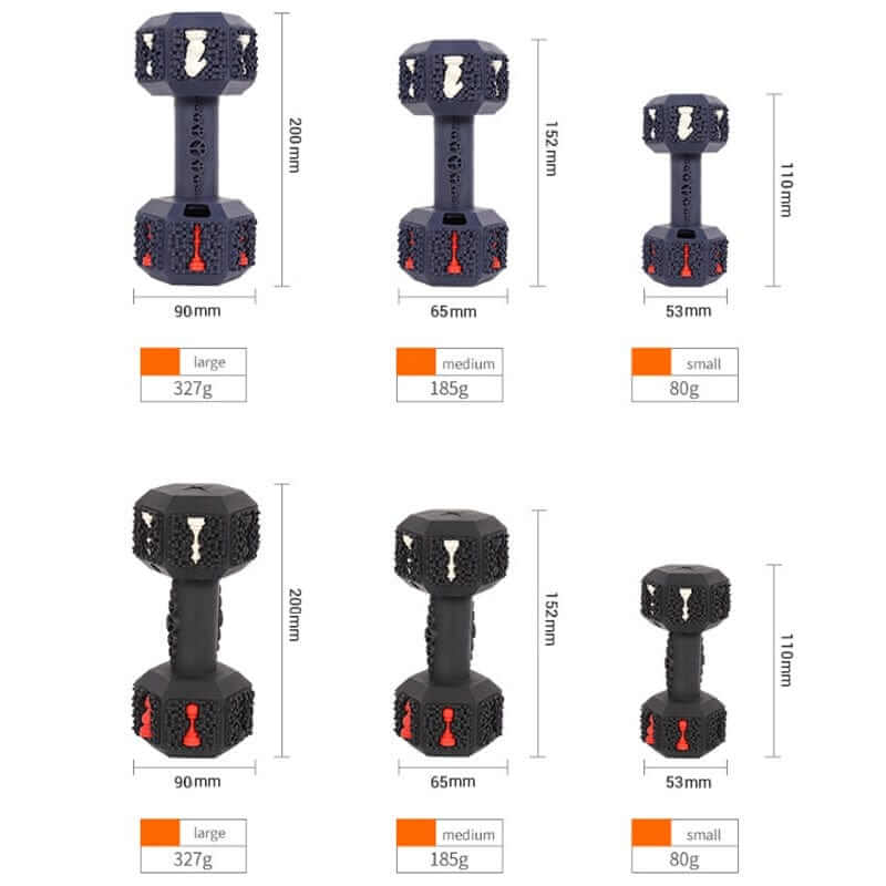Interactive Treat Dispensing Dumbbell Dog Toy dimensions and sizes for medium to large dogs by Dogs & Cats
