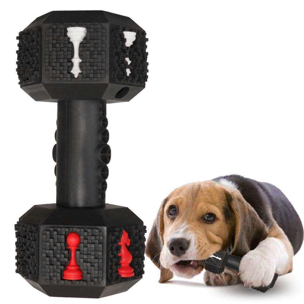 Interactive Treat Dispensing Dumbbell Dog Toy with a playful beagle, featuring treat-dispensing holes and durable design.