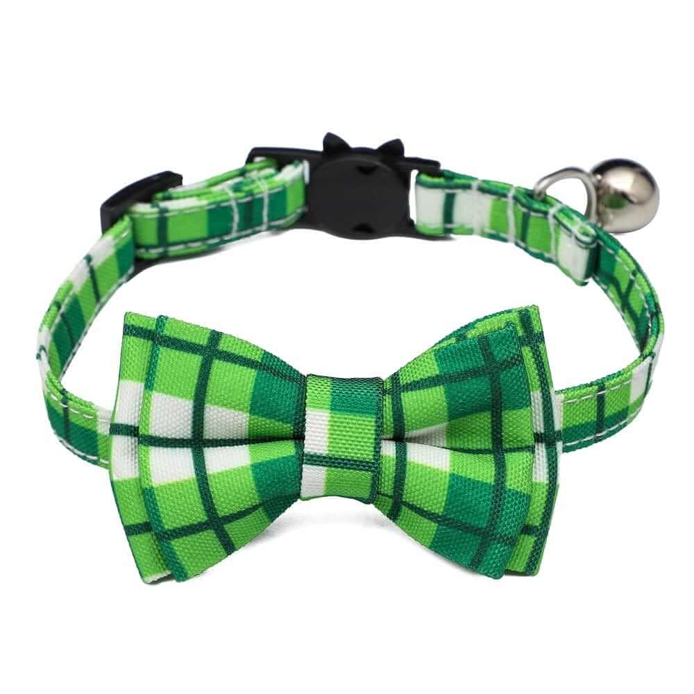 Irish Plaid Bow Collar for Cats & Small Dogs showing vibrant green plaid pattern and bow, perfect for pets' festive occasions.