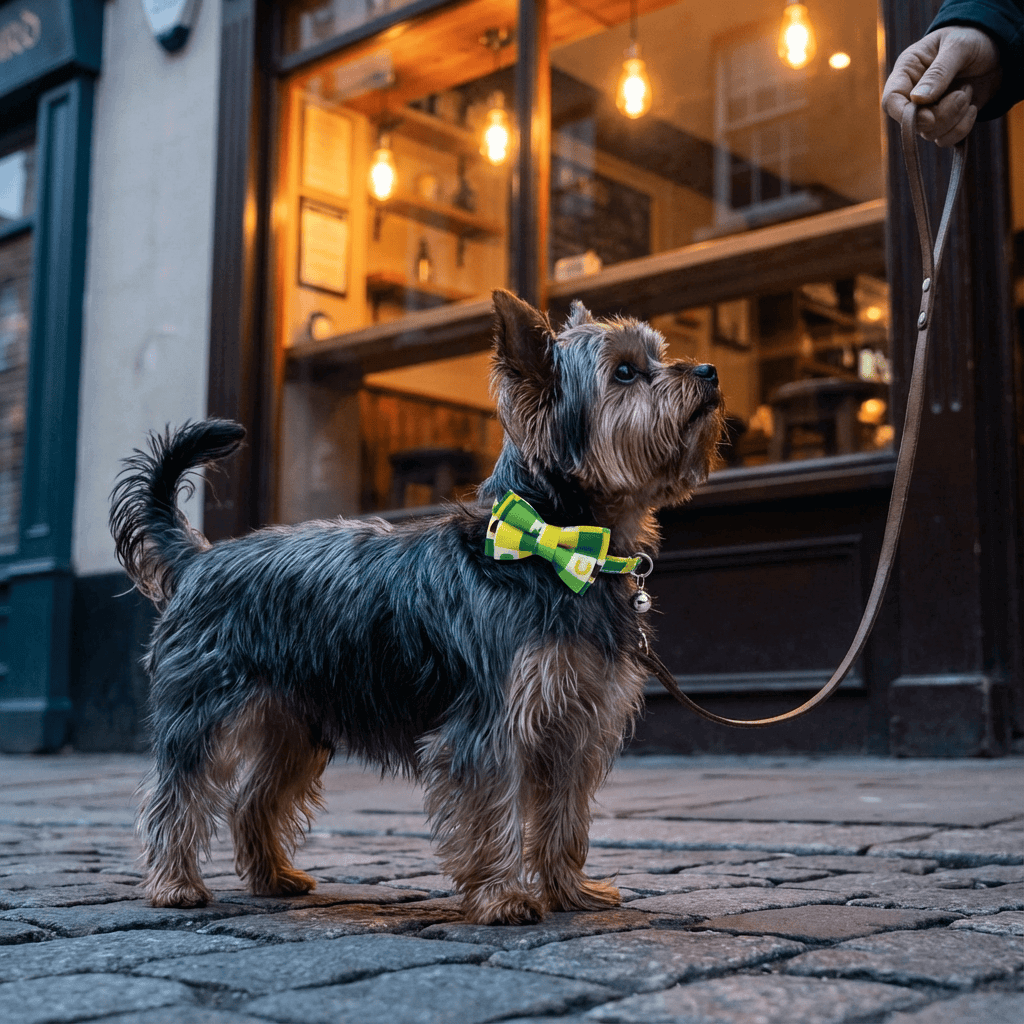 Irish Plaid Bow Collar for Cats & Small Dogs worn by a small dog in a charming outdoor setting.
