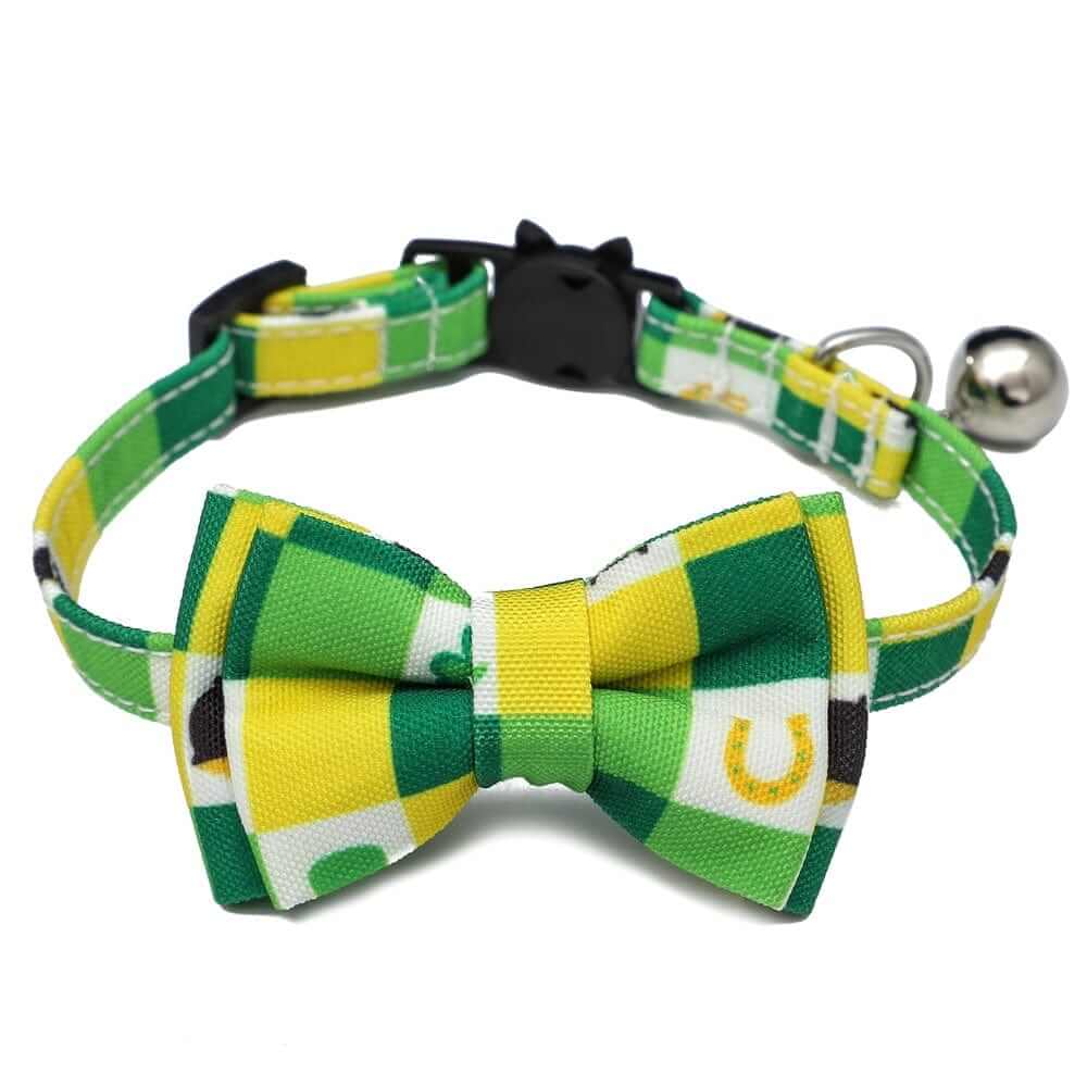 Irish Plaid Bow Collar for Cats & Small Dogs featuring a colorful bow and festive design for stylish pets.