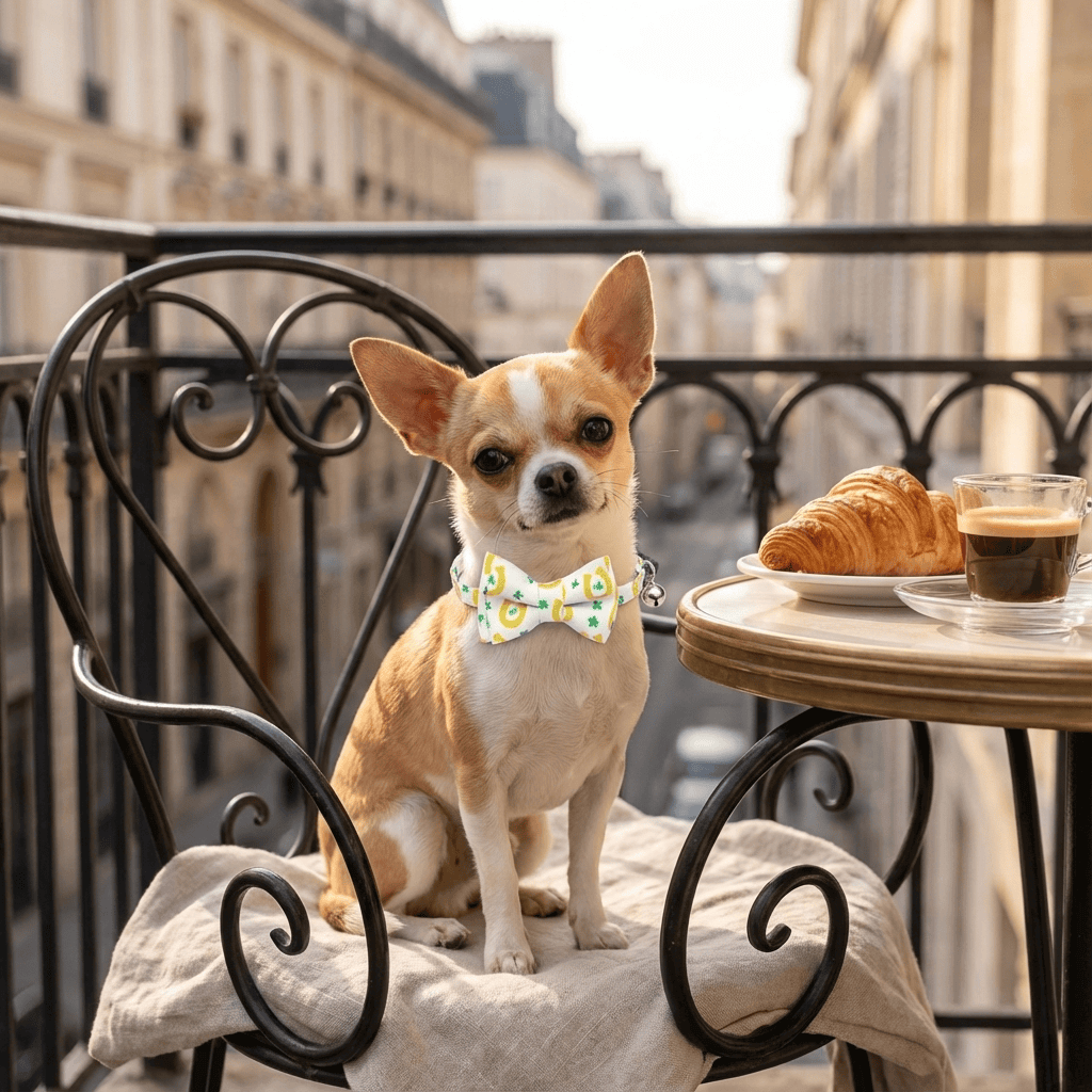 Irish Plaid Bow Collar for Cats & Small Dogs on a Chihuahua at a Parisian cafe.