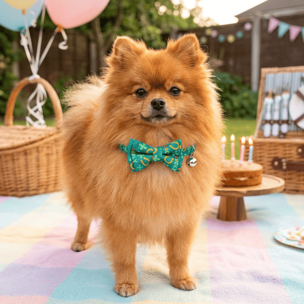 Irish Plaid Bow Collar for Cats & Small Dogs on a Pomeranian at a festive celebration outdoors.
