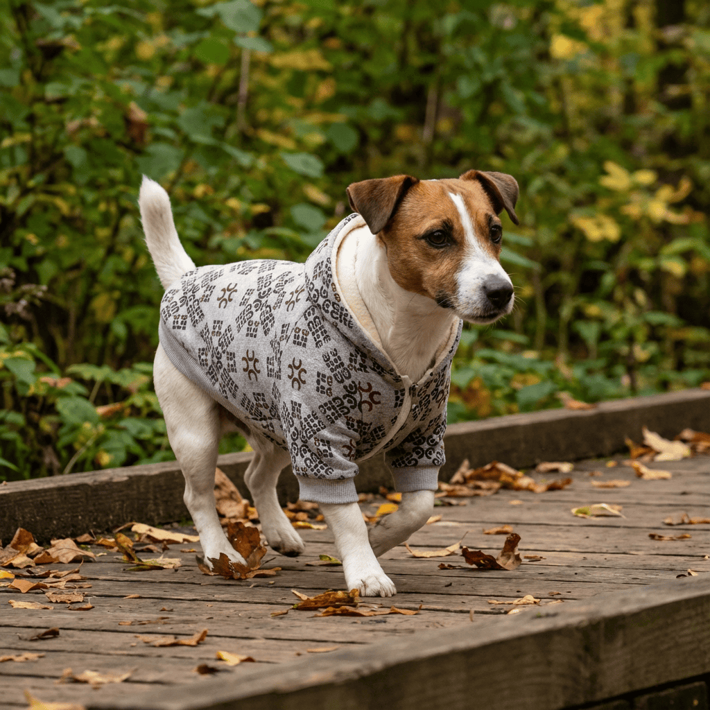 Itty Bites Hooded Dog Sweater on a dog walking outdoors, featuring breathable fabric, hooded design, and ribbed cuffs.