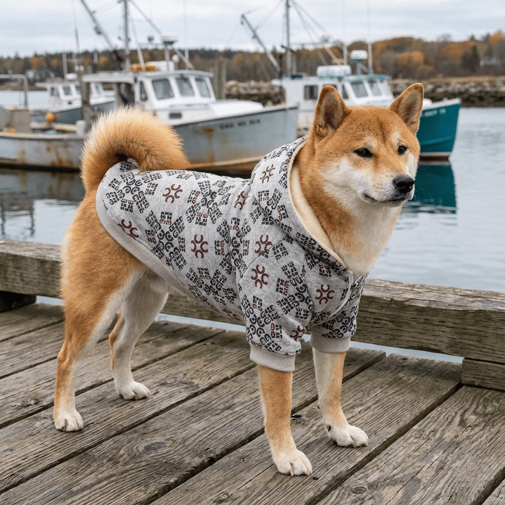 Itty Bites Hooded Dog Sweater on a Shiba Inu dog by the water, features a hood, breathable fabric, and warm design by Dogs & Cats.