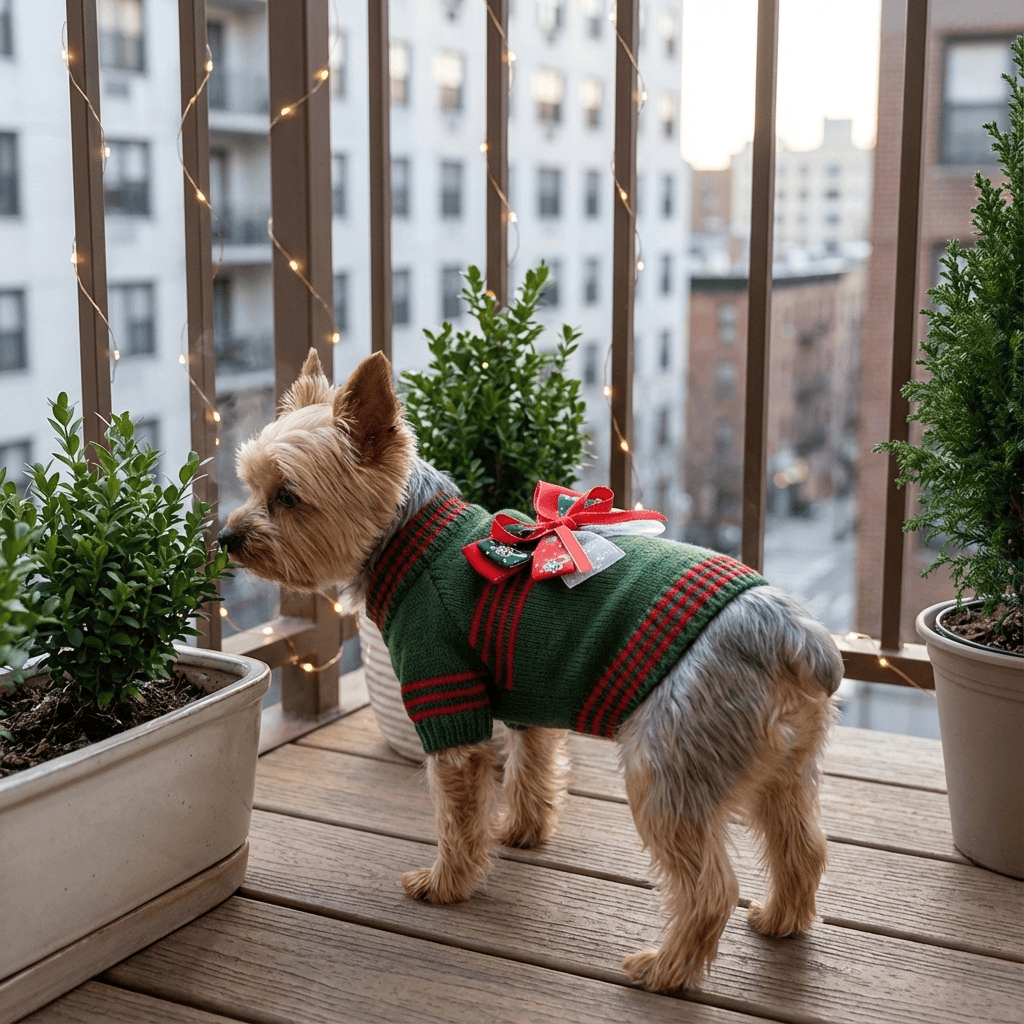 JollyPaws Christmas Sweater on a small dog standing on a balcony, featuring festive colors and holiday decorations.