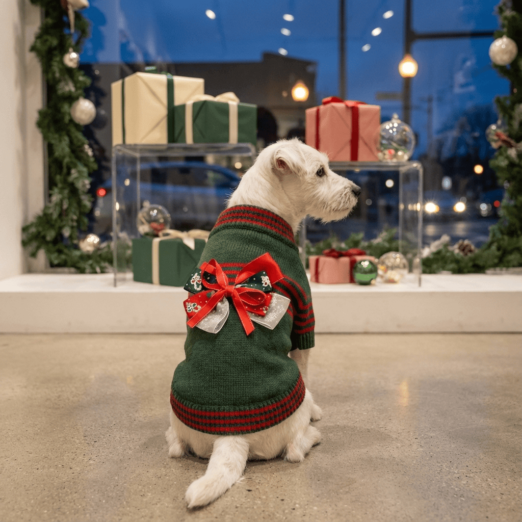 JollyPaws Christmas Sweater on a dog, featuring festive green color with red accents and bow, perfect for holiday cheer.
