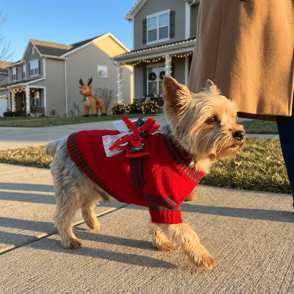 JollyPaws Christmas Sweater on a dog walking outside, featuring festive red color and holiday cheer.