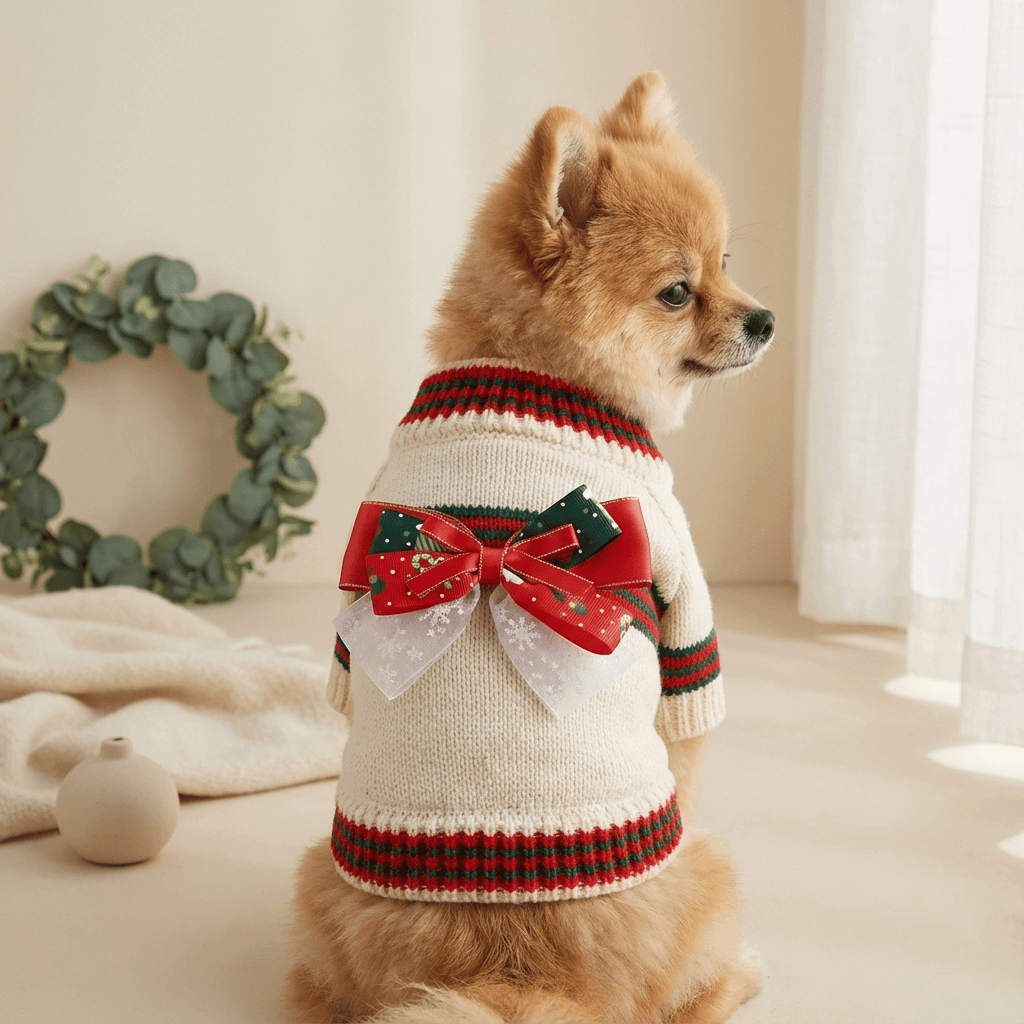 JollyPaws Christmas Sweater for dogs, cozy holiday sweater with festive bow, perfect for winter walks and Christmas parties.