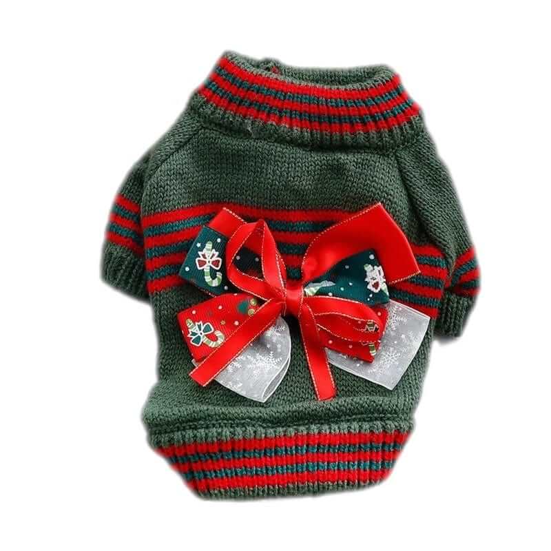 JollyPaws Christmas Sweater for dogs, cozy and festive green design with red stripes and decorative bow.