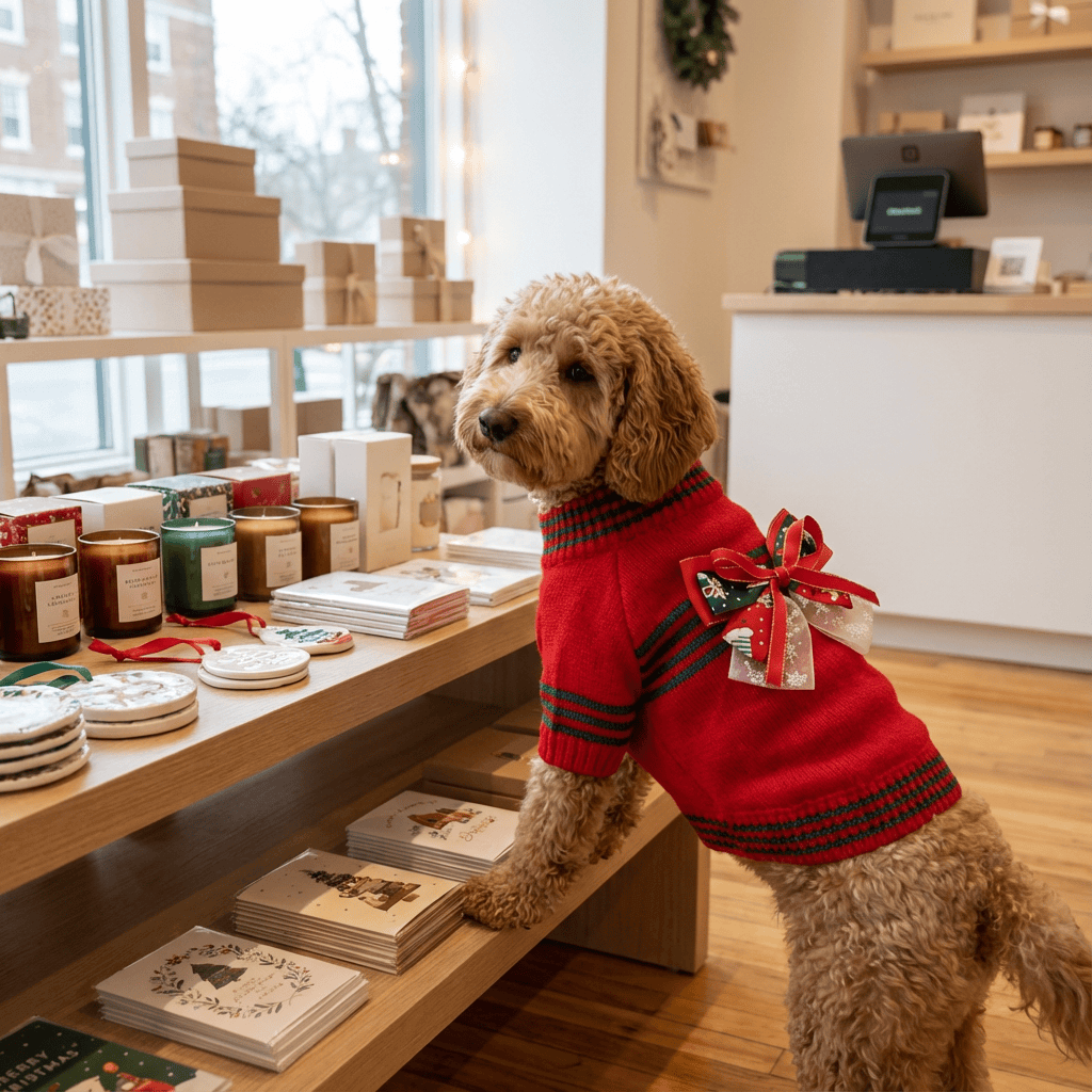 Dog wearing JollyPaws Christmas Sweater in festive red, shopping among holiday decor and gifts.