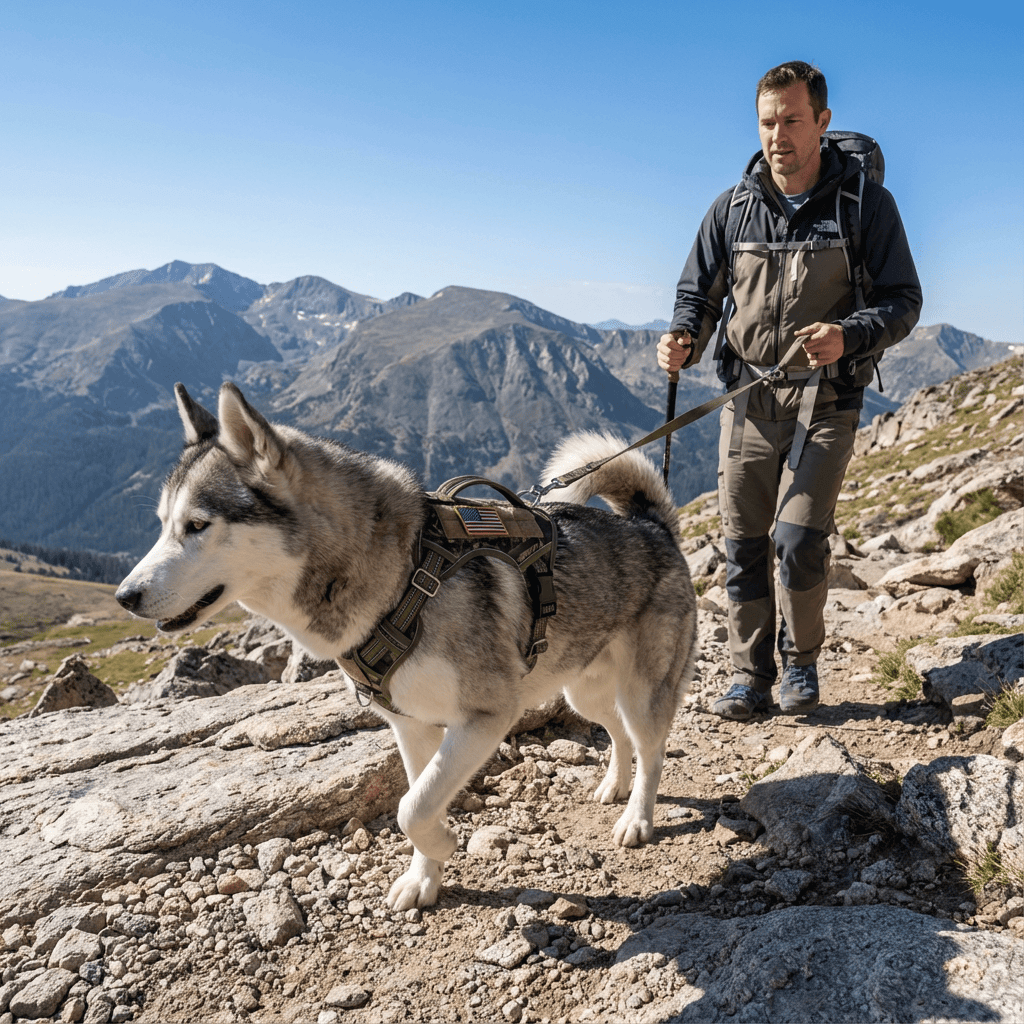 K9Command Tactical Harness on a husky dog hiking with its owner in nature, showcasing durability and control for active breeds.
