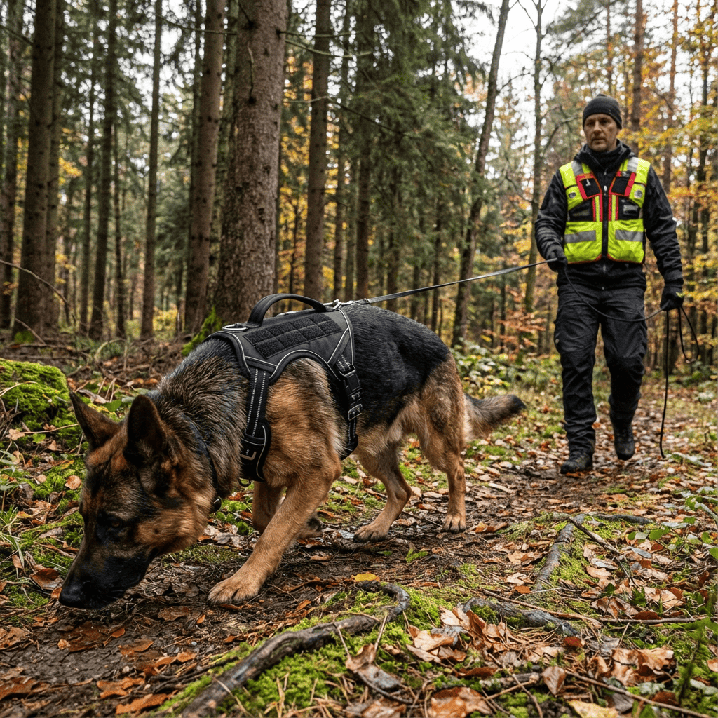 Dog wearing K9Command Tactical Harness on a trail with a handler, showcasing durability and control for active breeds.