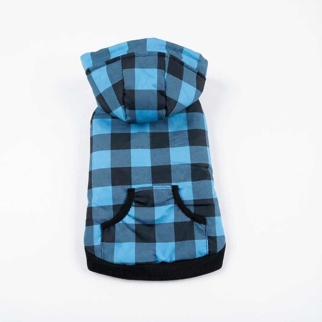 Kangaroo Pocket Plaid Dog Hoodie in blue plaid design with hood, featuring breathable lightweight material for cozy dogs.